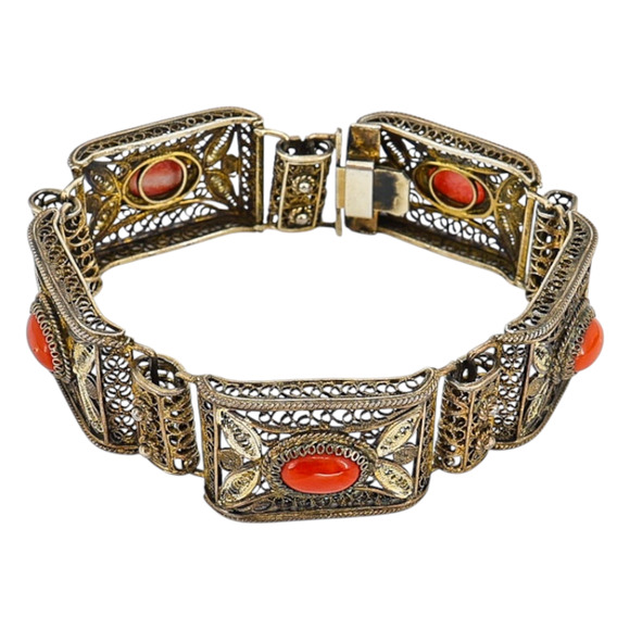 Vintage 1930s Firenze Italy Gilded 800 Silver Filigree Bracelet W Red Coral - Picture 1 of 12